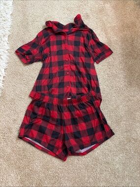 Red & Black Plaid Short Sleeve Button Pajama Set